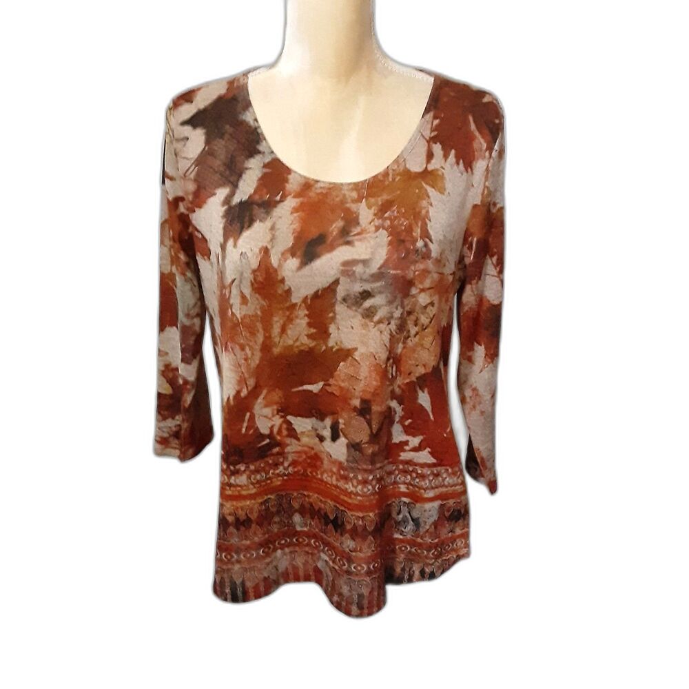 Energe World Wear Fall Leaf Print Top 3/4 Sleeve Size L